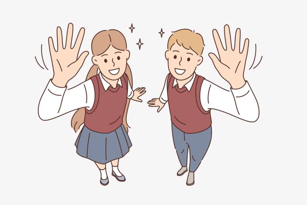 Education, studying and knowledge concept. Smiling boy and girl students pupils standing waving hands looking at camera showing excitement vector illustration